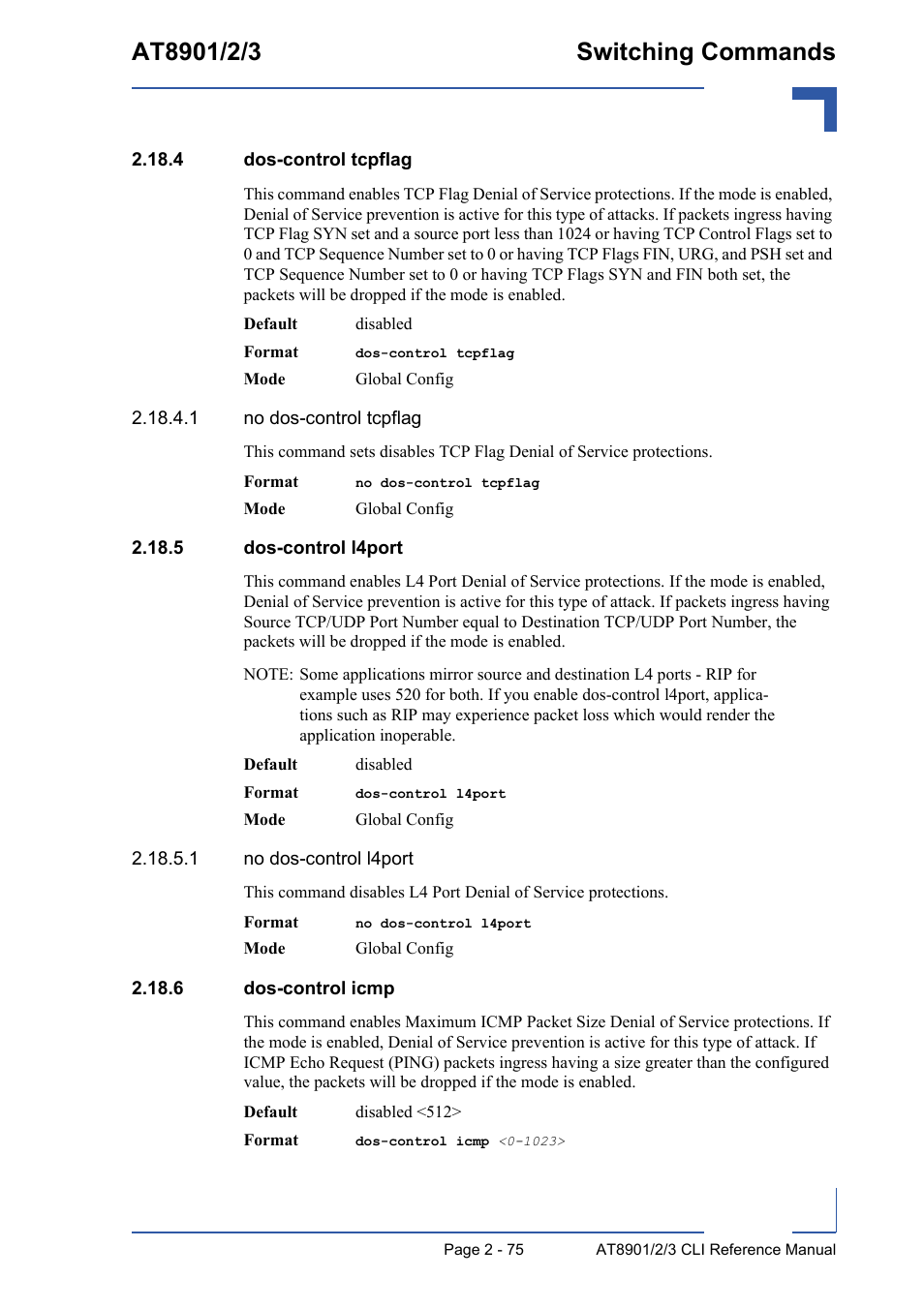 4 dos-control tcpflag, 5 dos-control l4port, 6 dos-control icmp | 6 dos-control icmp - 75 | Kontron AT890X Full-Size CLI User Manual | Page 109 / 304
