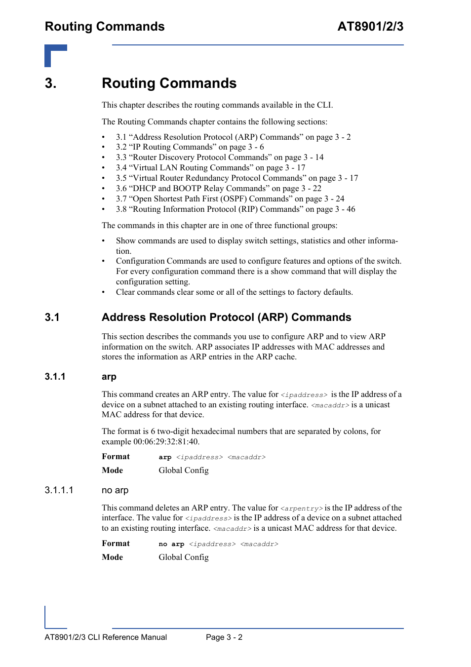 Routing commands, 1 address resolution protocol (arp) commands, 1 arp | Routing commands - 2, 1 address resolution protocol (arp) commands - 2, Arp - 2 | Kontron AT890X Full-Size CLI User Manual | Page 114 / 304