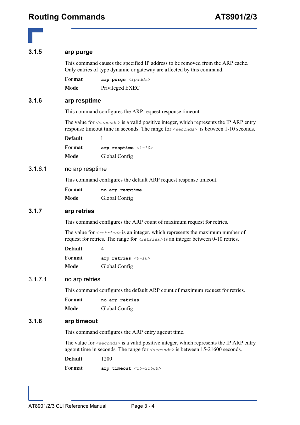 5 arp purge, 6 arp resptime, 7 arp retries | 8 arp timeout, Arp purge - 4, Arp resptime - 4, Arp retries - 4, Arp timeout - 4 | Kontron AT890X Full-Size CLI User Manual | Page 116 / 304