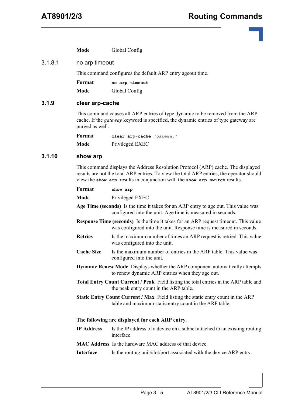 9 clear arp-cache, 10 show arp, Clear arp-cache - 5 | 10 show arp - 5 | Kontron AT890X Full-Size CLI User Manual | Page 117 / 304