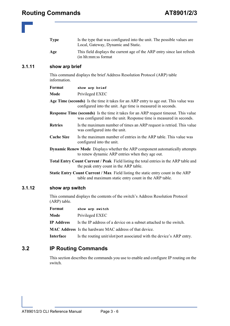 11 show arp brief, 12 show arp switch, 2 ip routing commands | 11 show arp brief - 6 3.1.12 show arp switch - 6, 2 ip routing commands - 6 | Kontron AT890X Full-Size CLI User Manual | Page 118 / 304