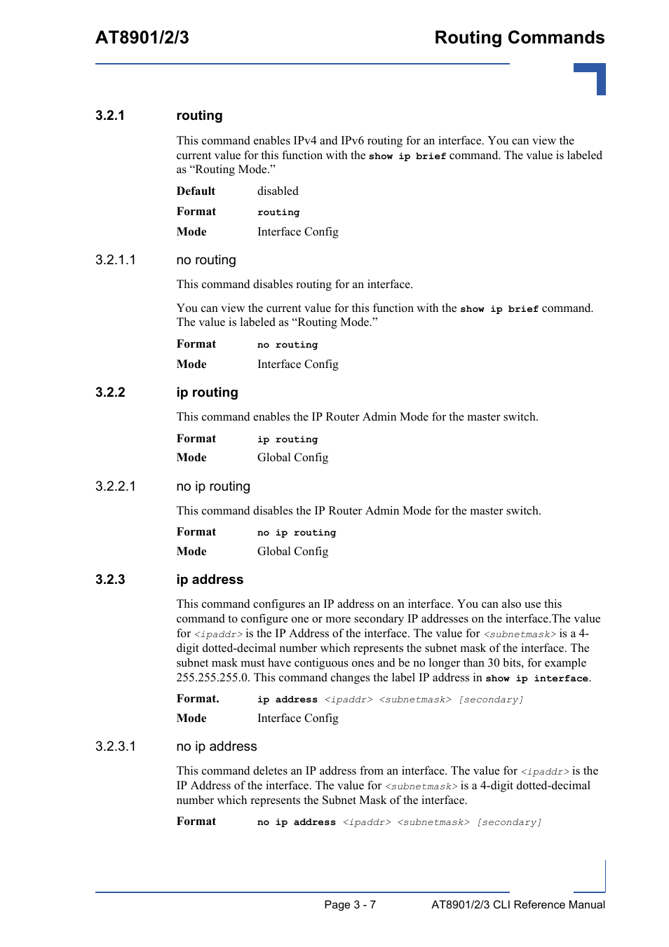 1 routing, 2 ip routing, 3 ip address | Routing - 7, Ip routing - 7, Ip address - 7 | Kontron AT890X Full-Size CLI User Manual | Page 119 / 304