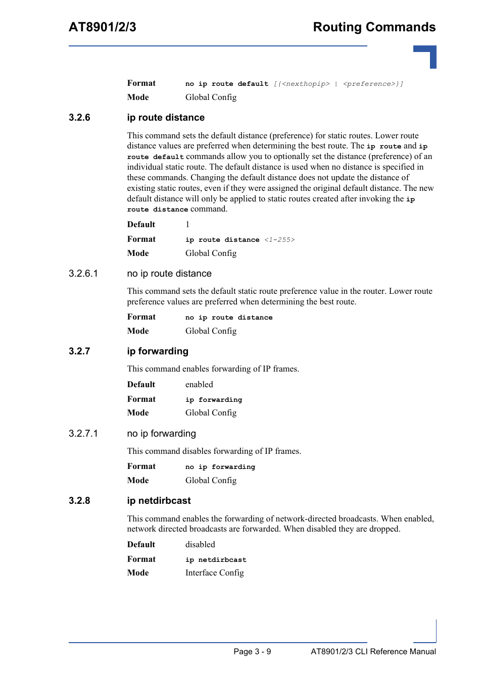 6 ip route distance, 7 ip forwarding, 8 ip netdirbcast | Ip route distance - 9, Ip forwarding - 9, Ip netdirbcast - 9 | Kontron AT890X Full-Size CLI User Manual | Page 121 / 304