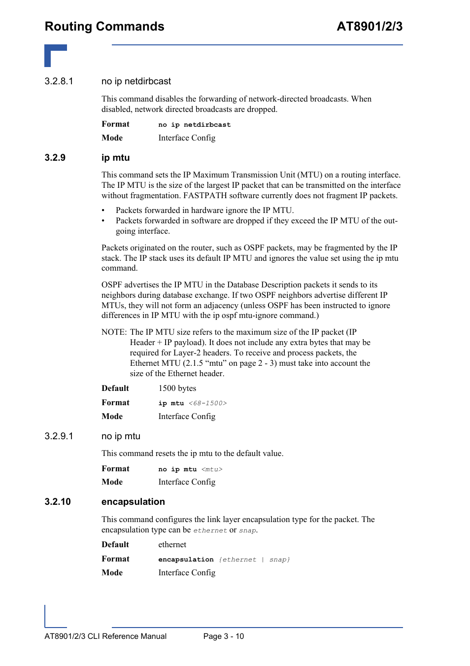 9 ip mtu, 10 encapsulation, Ip mtu - 10 | 10 encapsulation - 10 | Kontron AT890X Full-Size CLI User Manual | Page 122 / 304