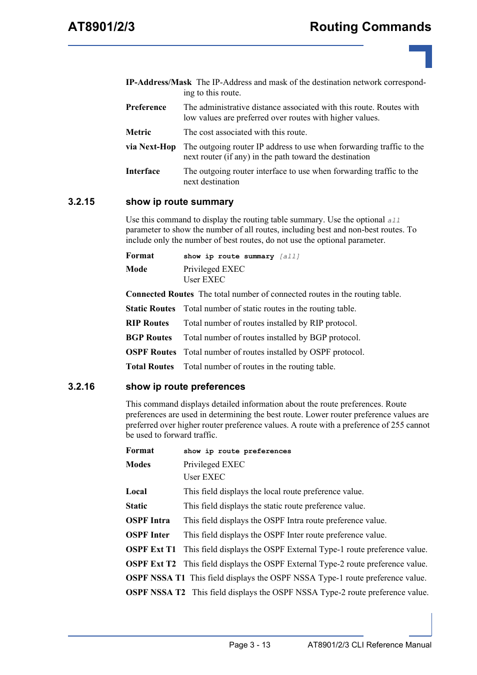 15 show ip route summary, 16 show ip route preferences | Kontron AT890X Full-Size CLI User Manual | Page 125 / 304