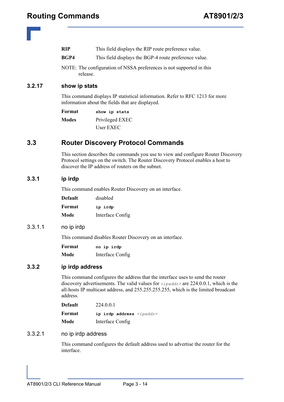 17 show ip stats, 3 router discovery protocol commands, 1 ip irdp | 2 ip irdp address, 17 show ip stats - 14, 3 router discovery protocol commands - 14, Ip irdp - 14, Ip irdp address - 14 | Kontron AT890X Full-Size CLI User Manual | Page 126 / 304