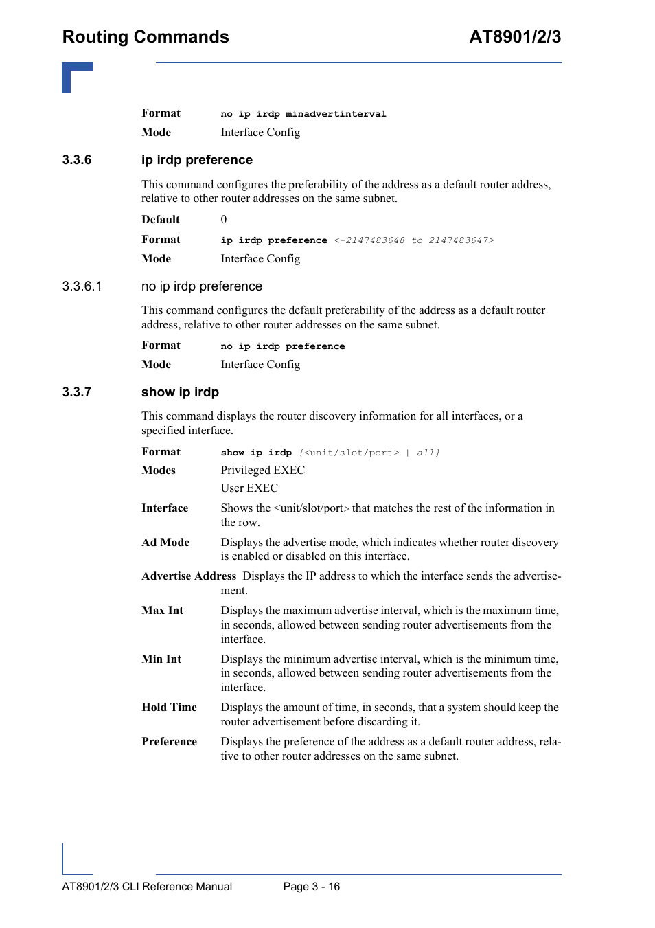6 ip irdp preference, 7 show ip irdp, Ip irdp preference - 16 | Show ip irdp - 16 | Kontron AT890X Full-Size CLI User Manual | Page 128 / 304