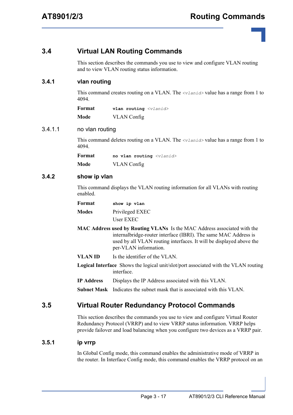 4 virtual lan routing commands, 1 vlan routing, 2 show ip vlan | 5 virtual router redundancy protocol commands, 1 ip vrrp, 4 virtual lan routing commands - 17, Vlan routing - 17, Show ip vlan - 17, 5 virtual router redundancy protocol commands - 17, Ip vrrp - 17 | Kontron AT890X Full-Size CLI User Manual | Page 129 / 304