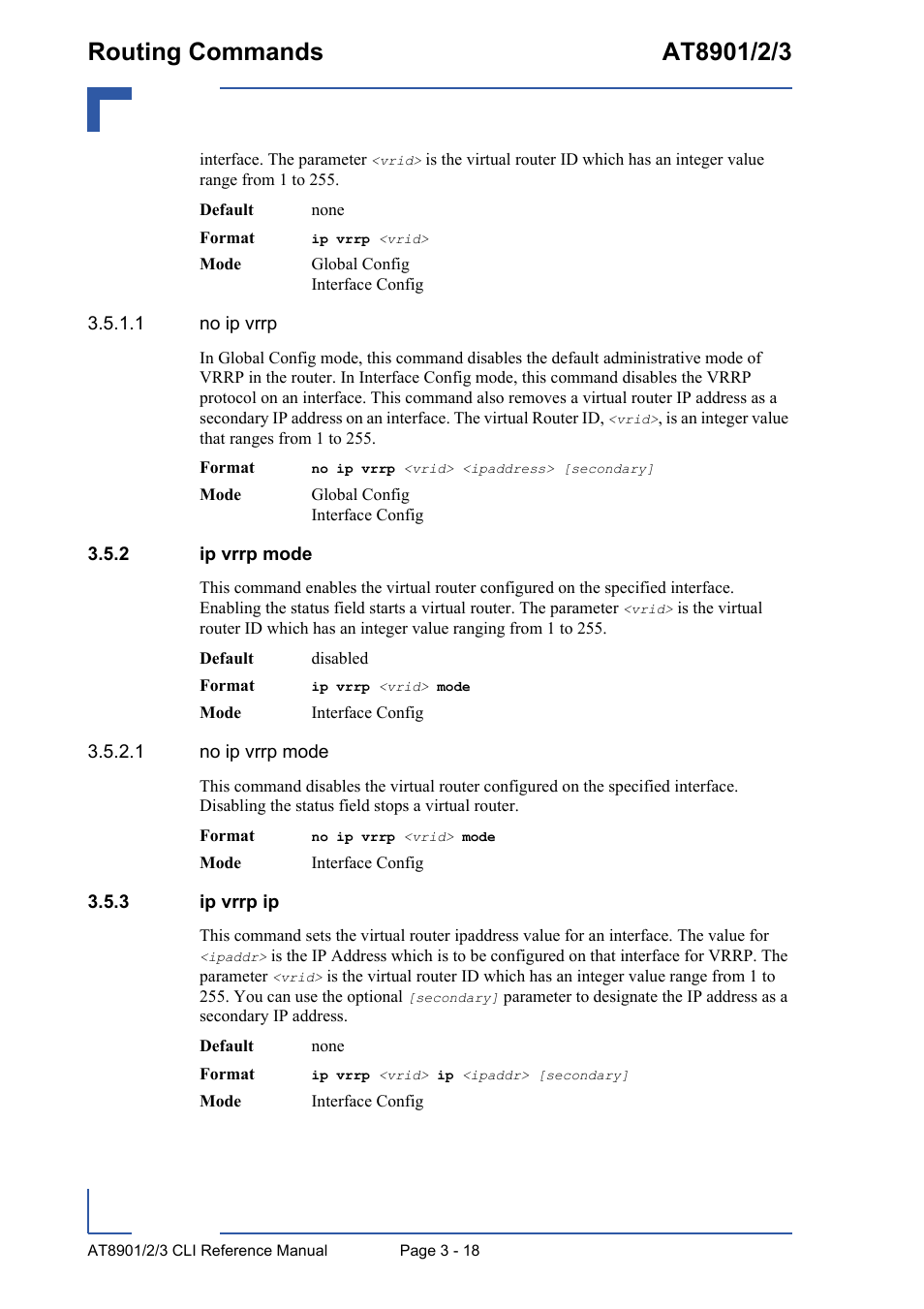 2 ip vrrp mode, 3 ip vrrp ip, Ip vrrp mode - 18 | Ip vrrp ip - 18 | Kontron AT890X Full-Size CLI User Manual | Page 130 / 304