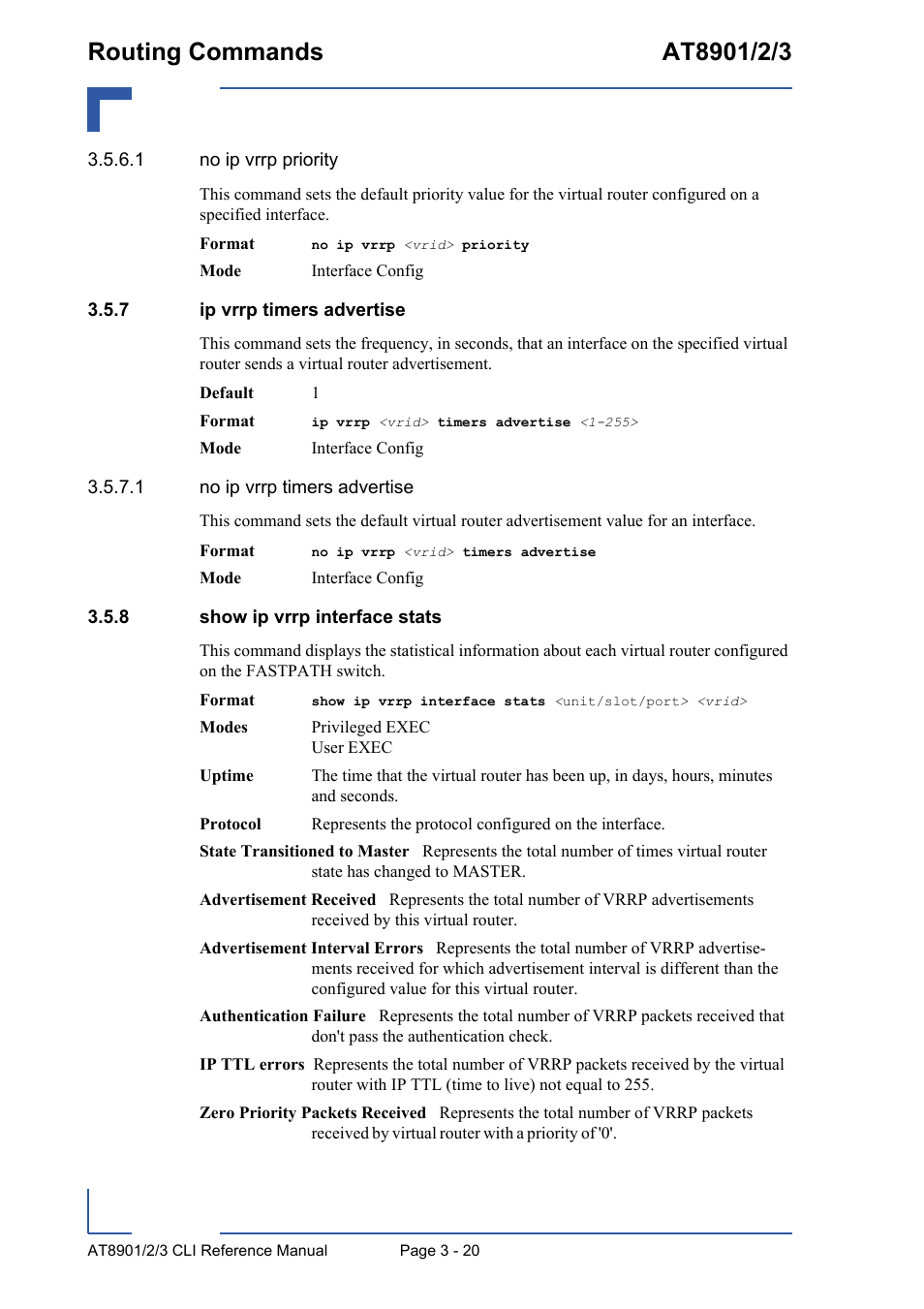 7 ip vrrp timers advertise, 8 show ip vrrp interface stats, Ip vrrp timers advertise - 20 | Show ip vrrp interface stats - 20 | Kontron AT890X Full-Size CLI User Manual | Page 132 / 304