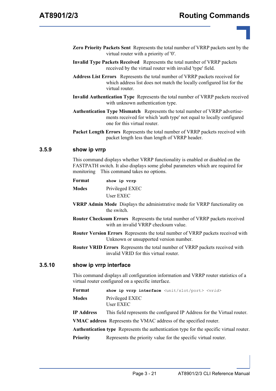 9 show ip vrrp, 10 show ip vrrp interface, Show ip vrrp - 21 | 10 show ip vrrp interface - 21 | Kontron AT890X Full-Size CLI User Manual | Page 133 / 304