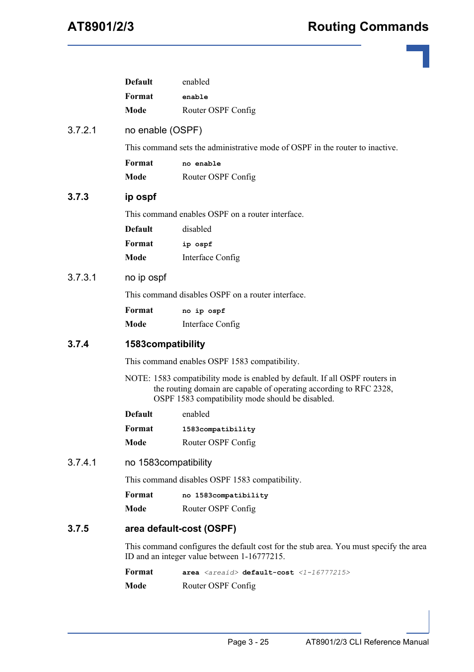 3 ip ospf, 4 1583compatibility, 5 area default-cost (ospf) | Ip ospf - 25, 1583compatibility - 25, Area default-cost (ospf) - 25 | Kontron AT890X Full-Size CLI User Manual | Page 137 / 304