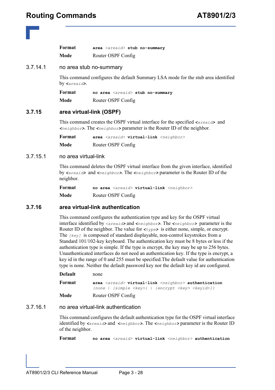 15 area virtual-link (ospf), 16 area virtual-link authentication, 15 area virtual-link (ospf) - 28 | 16 area virtual-link authentication - 28 | Kontron AT890X Full-Size CLI User Manual | Page 140 / 304