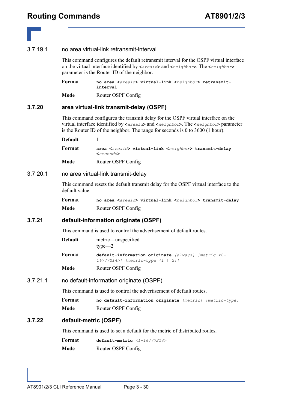 20 area virtual-link transmit-delay (ospf), 21 default-information originate (ospf), 22 default-metric (ospf) | Kontron AT890X Full-Size CLI User Manual | Page 142 / 304