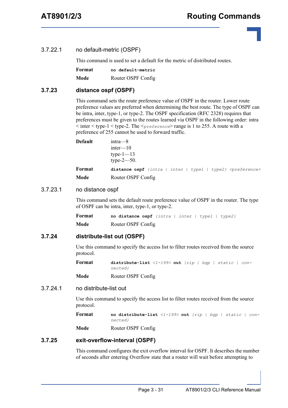 23 distance ospf (ospf), 24 distribute-list out (ospf), 25 exit-overflow-interval (ospf) | Kontron AT890X Full-Size CLI User Manual | Page 143 / 304