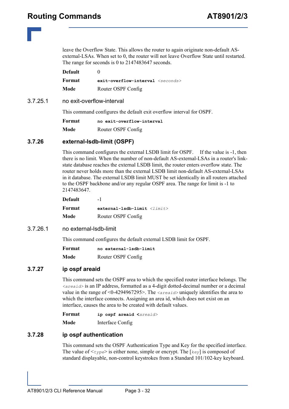 26 external-lsdb-limit (ospf), 27 ip ospf areaid, 28 ip ospf authentication | Kontron AT890X Full-Size CLI User Manual | Page 144 / 304