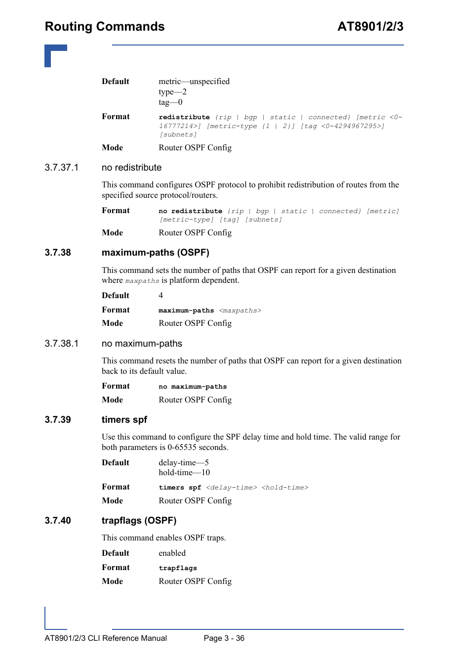 38 maximum-paths (ospf), 39 timers spf, 40 trapflags (ospf) | Kontron AT890X Full-Size CLI User Manual | Page 148 / 304