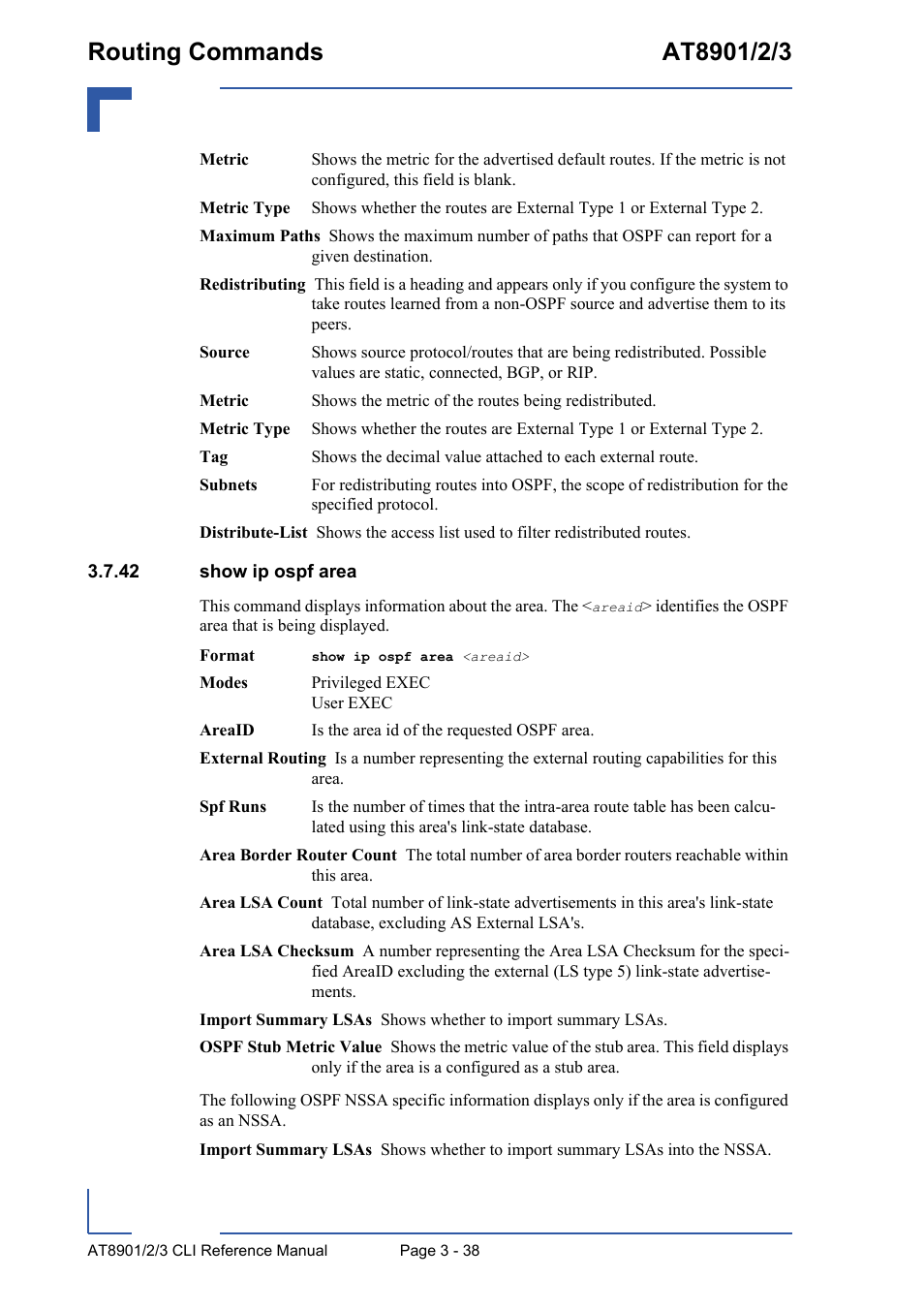 42 show ip ospf area, 42 show ip ospf area - 38 | Kontron AT890X Full-Size CLI User Manual | Page 150 / 304