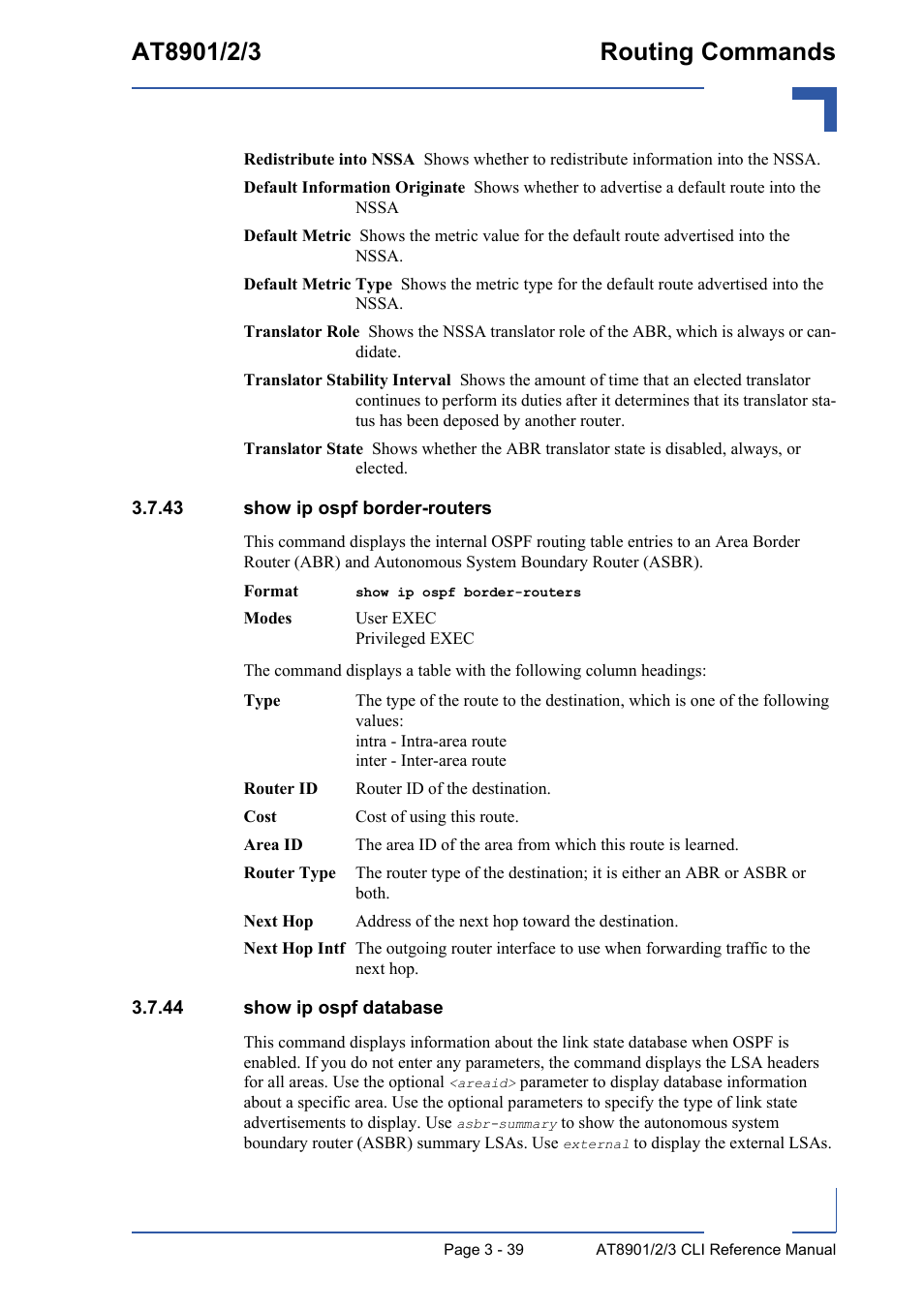 43 show ip ospf border-routers, 44 show ip ospf database | Kontron AT890X Full-Size CLI User Manual | Page 151 / 304