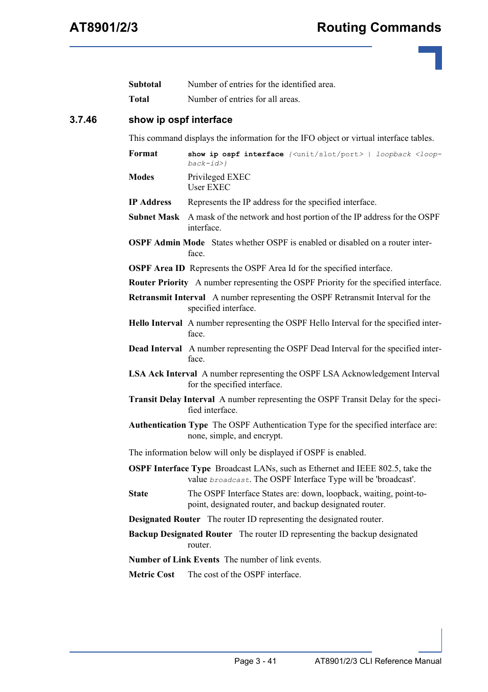 46 show ip ospf interface, 46 show ip ospf interface - 41 | Kontron AT890X Full-Size CLI User Manual | Page 153 / 304