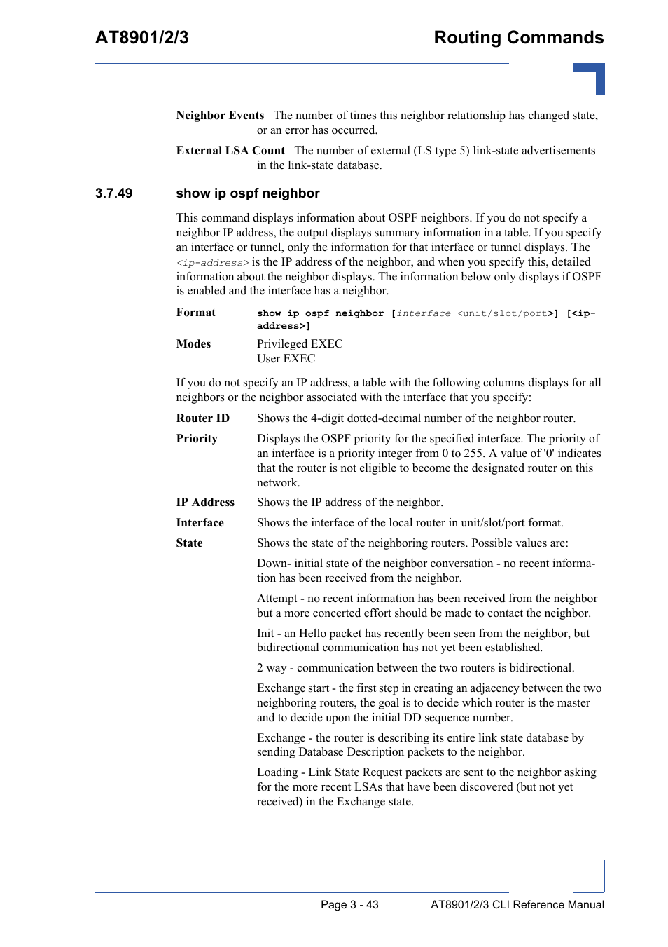 49 show ip ospf neighbor, 49 show ip ospf neighbor - 43 | Kontron AT890X Full-Size CLI User Manual | Page 155 / 304