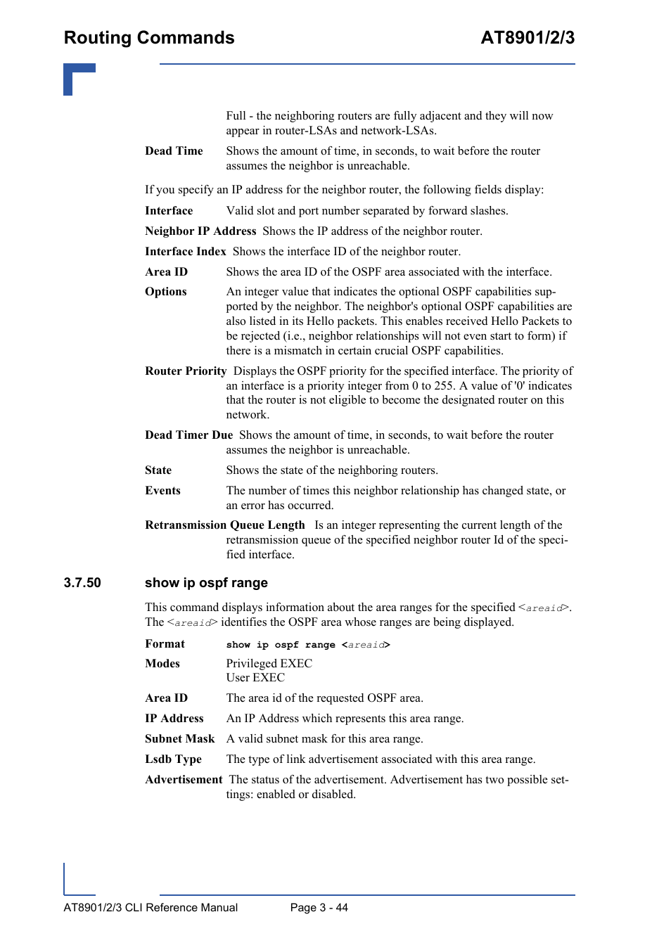 50 show ip ospf range, 50 show ip ospf range - 44 | Kontron AT890X Full-Size CLI User Manual | Page 156 / 304