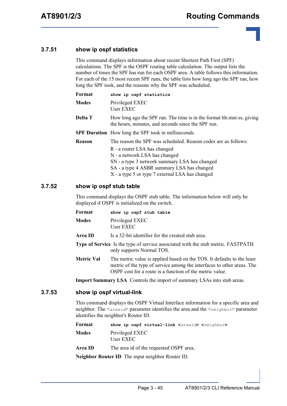 51 show ip ospf statistics, 52 show ip ospf stub table, 53 show ip ospf virtual-link | Kontron AT890X Full-Size CLI User Manual | Page 157 / 304