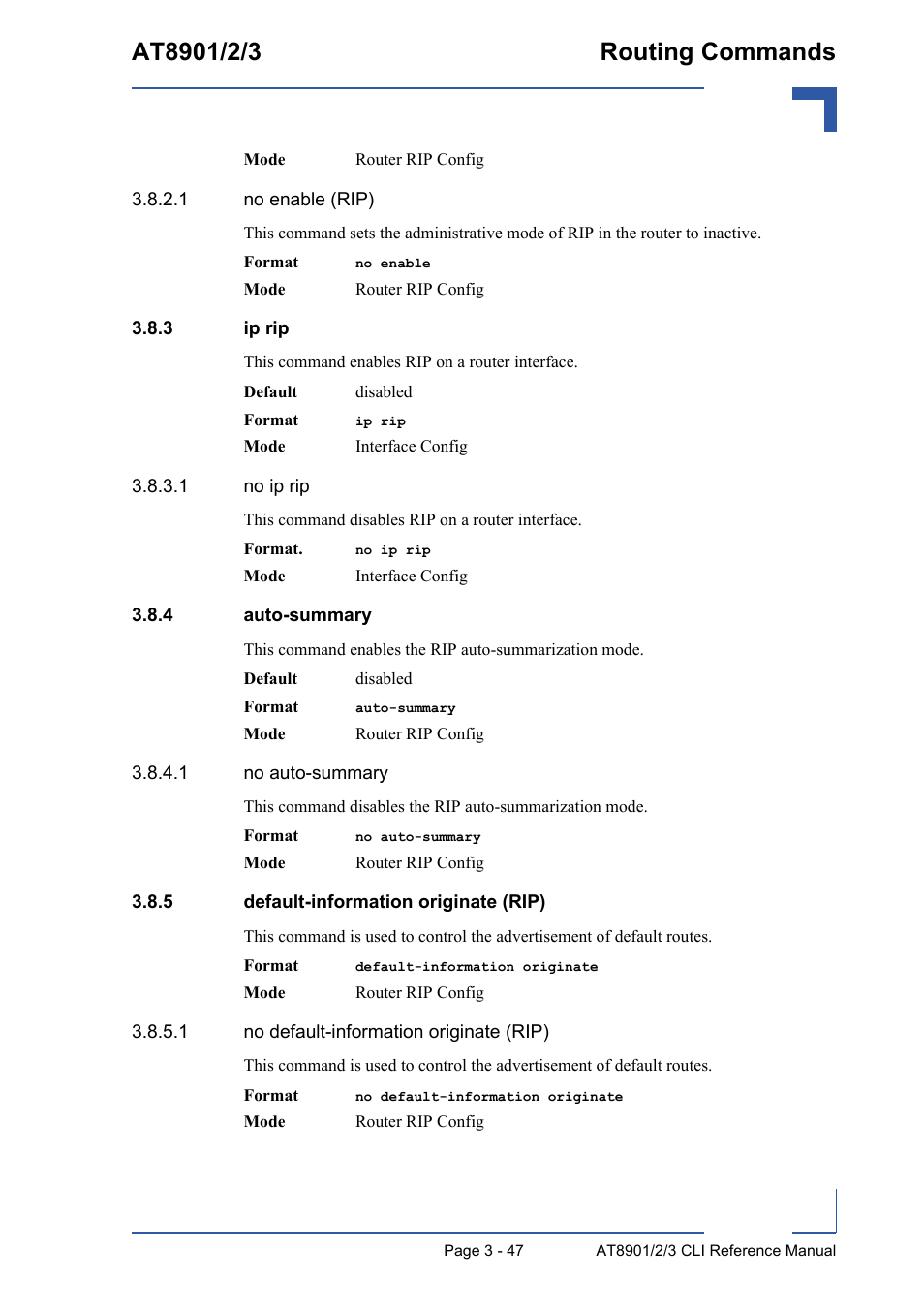 3 ip rip, 4 auto-summary, 5 default-information originate (rip) | Ip rip - 47, Auto-summary - 47, Default-information originate (rip) - 47 | Kontron AT890X Full-Size CLI User Manual | Page 159 / 304