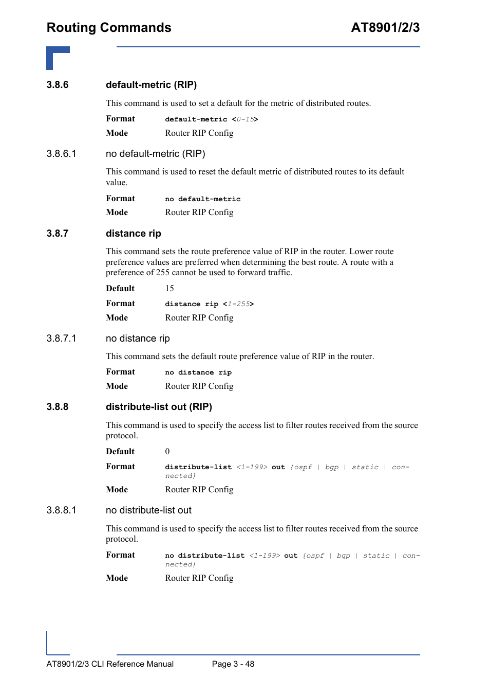 6 default-metric (rip), 7 distance rip, 8 distribute-list out (rip) | Default-metric (rip) - 48, Distance rip - 48, Distribute-list out (rip) - 48 | Kontron AT890X Full-Size CLI User Manual | Page 160 / 304