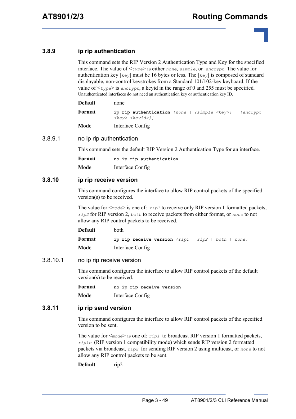 9 ip rip authentication, 10 ip rip receive version, 11 ip rip send version | Ip rip authentication - 49 | Kontron AT890X Full-Size CLI User Manual | Page 161 / 304