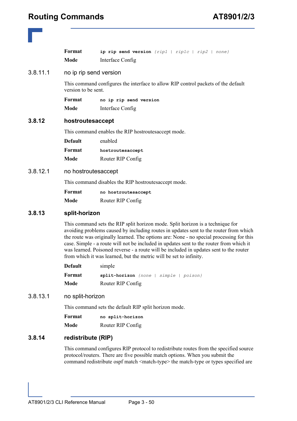 12 hostroutesaccept, 13 split-horizon, 14 redistribute (rip) | Kontron AT890X Full-Size CLI User Manual | Page 162 / 304