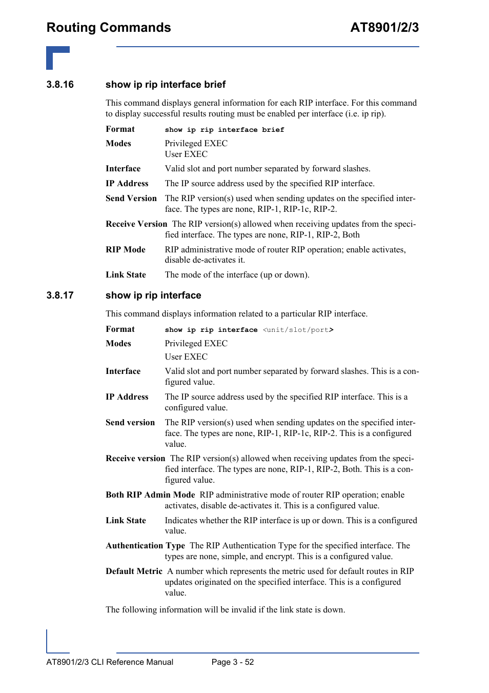 16 show ip rip interface brief, 17 show ip rip interface | Kontron AT890X Full-Size CLI User Manual | Page 164 / 304