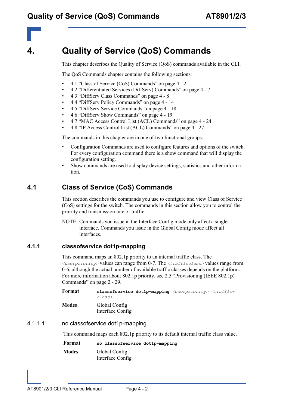 Quality of service (qos) commands, 1 class of service (cos) commands, 1 classofservice dot1p-mapping | Quality of service (qos) commands - 2, 1 class of service (cos) commands - 2, Classofservice dot1p-mapping - 2 | Kontron AT890X Full-Size CLI User Manual | Page 168 / 304