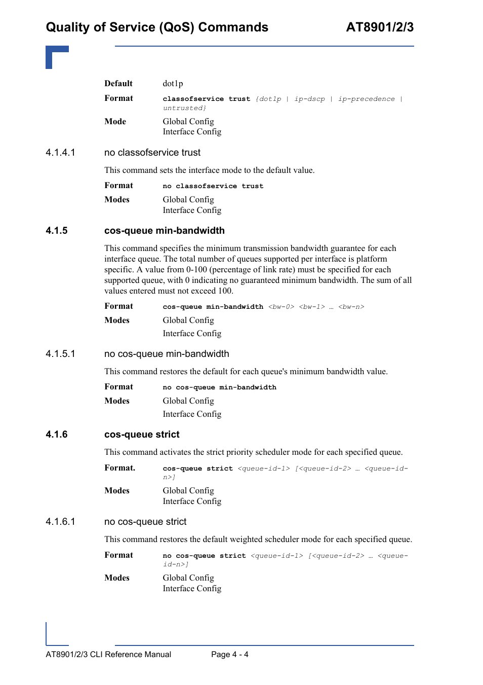 5 cos-queue min-bandwidth, 6 cos-queue strict, Cos-queue min-bandwidth - 4 | Cos-queue strict - 4 | Kontron AT890X Full-Size CLI User Manual | Page 170 / 304