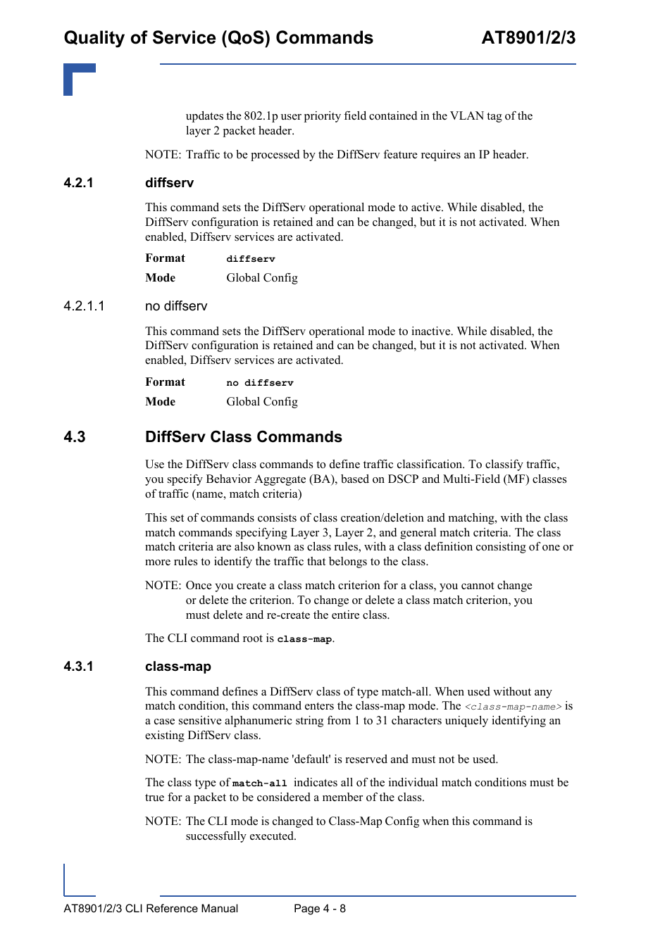 1 diffserv, 3 diffserv class commands, 1 class-map | Diffserv - 8, 3 diffserv class commands - 8, Class-map - 8 | Kontron AT890X Full-Size CLI User Manual | Page 174 / 304