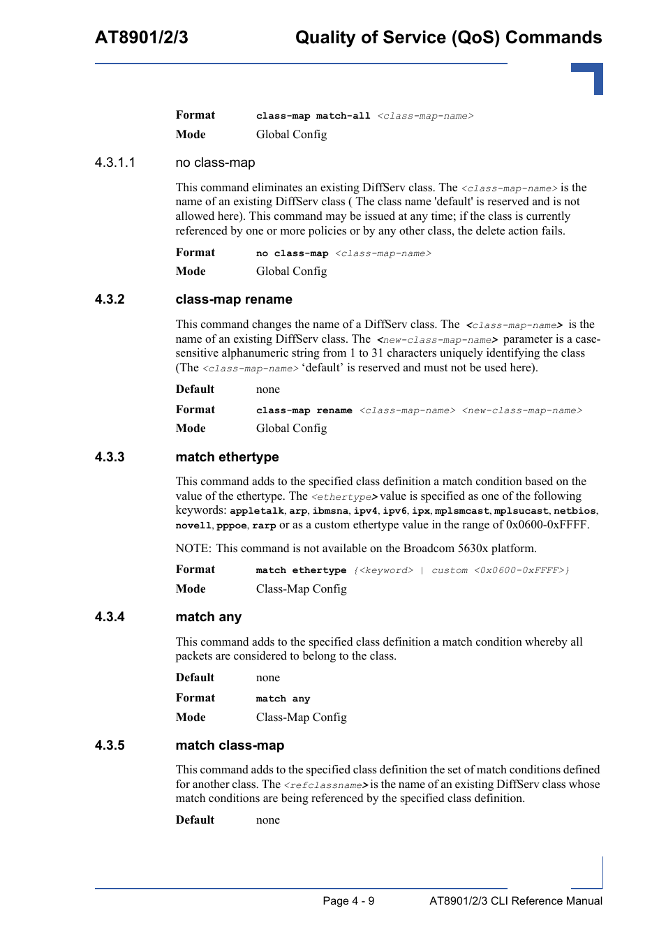 2 class-map rename, 3 match ethertype, 4 match any | 5 match class-map, Class-map rename - 9, Match ethertype - 9, Match any - 9, Match class-map - 9 | Kontron AT890X Full-Size CLI User Manual | Page 175 / 304