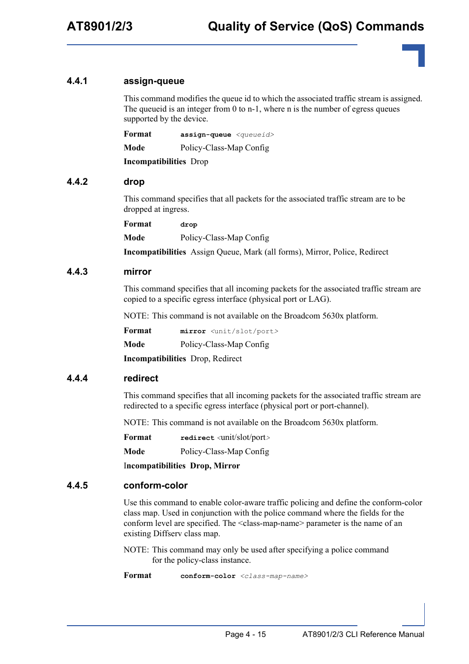 1 assign-queue, 2 drop, 3 mirror | 4 redirect, 5 conform-color, Assign-queue - 15, Drop - 15, Mirror - 15, Redirect - 15, Conform-color - 15 | Kontron AT890X Full-Size CLI User Manual | Page 181 / 304