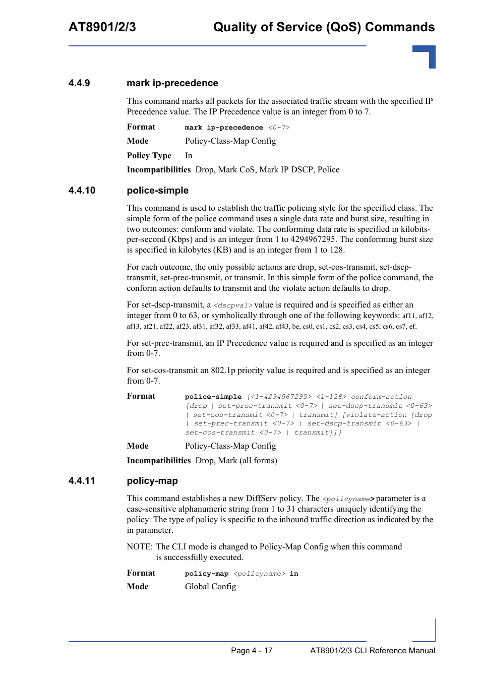 9 mark ip-precedence, 10 police-simple, 11 policy-map | Mark ip-precedence - 17, 10 police-simple - 17 4.4.11 policy-map - 17 | Kontron AT890X Full-Size CLI User Manual | Page 183 / 304