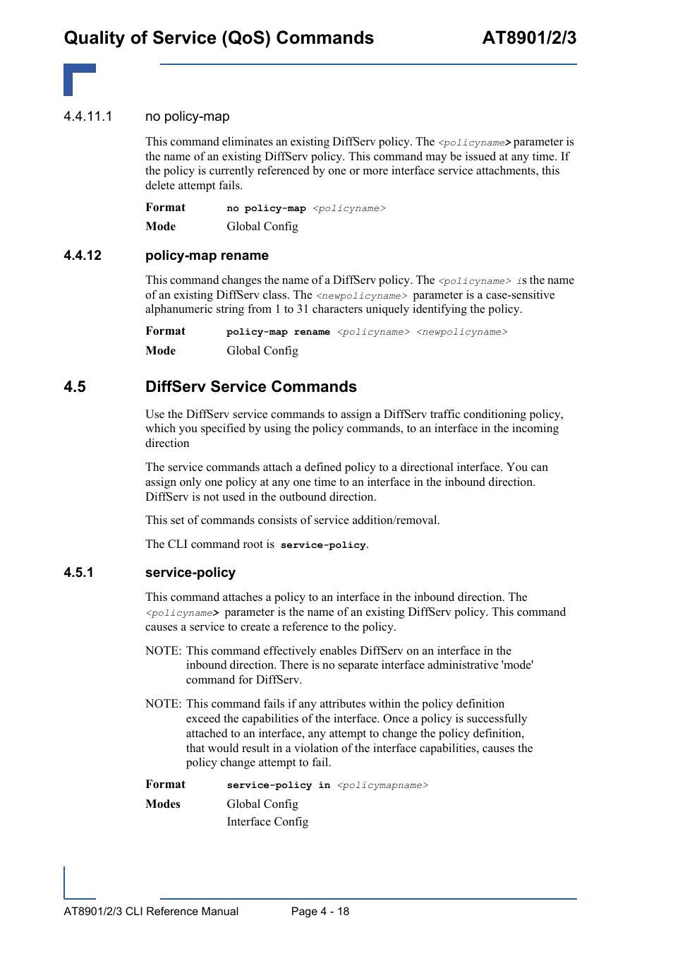 12 policy-map rename, 5 diffserv service commands, 1 service-policy | 12 policy-map rename - 18, 5 diffserv service commands - 18, Service-policy - 18 | Kontron AT890X Full-Size CLI User Manual | Page 184 / 304