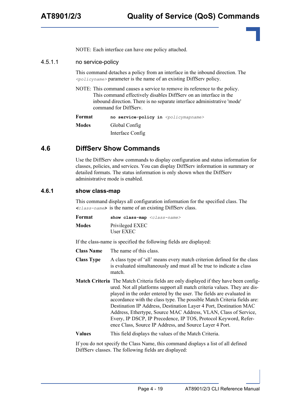 6 diffserv show commands, 1 show class-map, 6 diffserv show commands - 19 | Show class-map - 19 | Kontron AT890X Full-Size CLI User Manual | Page 185 / 304