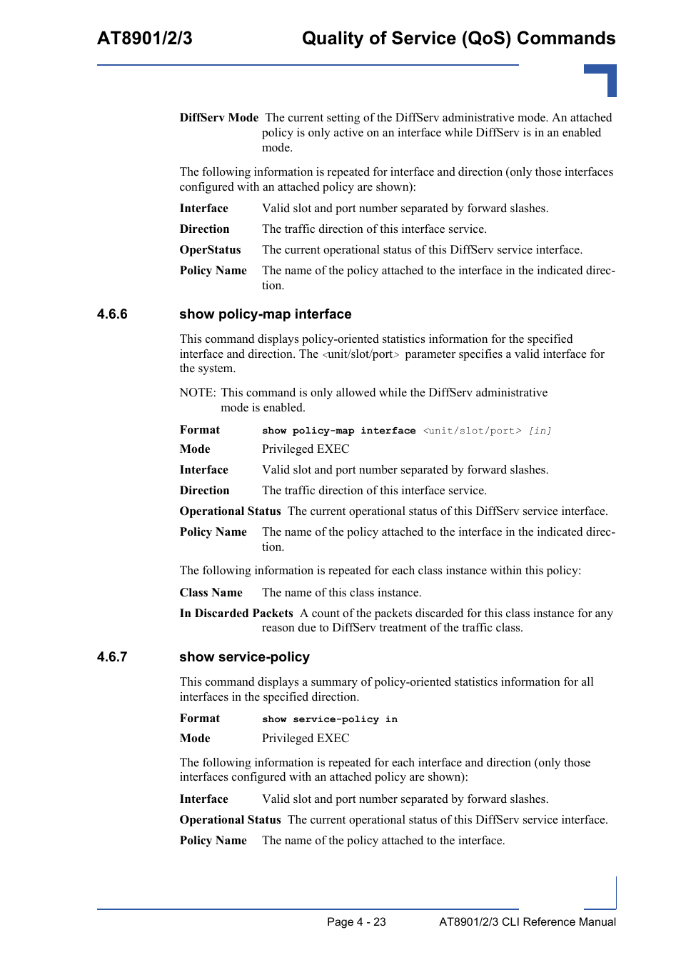 6 show policy-map interface, 7 show service-policy, Show policy-map interface - 23 | Show service-policy - 23 | Kontron AT890X Full-Size CLI User Manual | Page 189 / 304