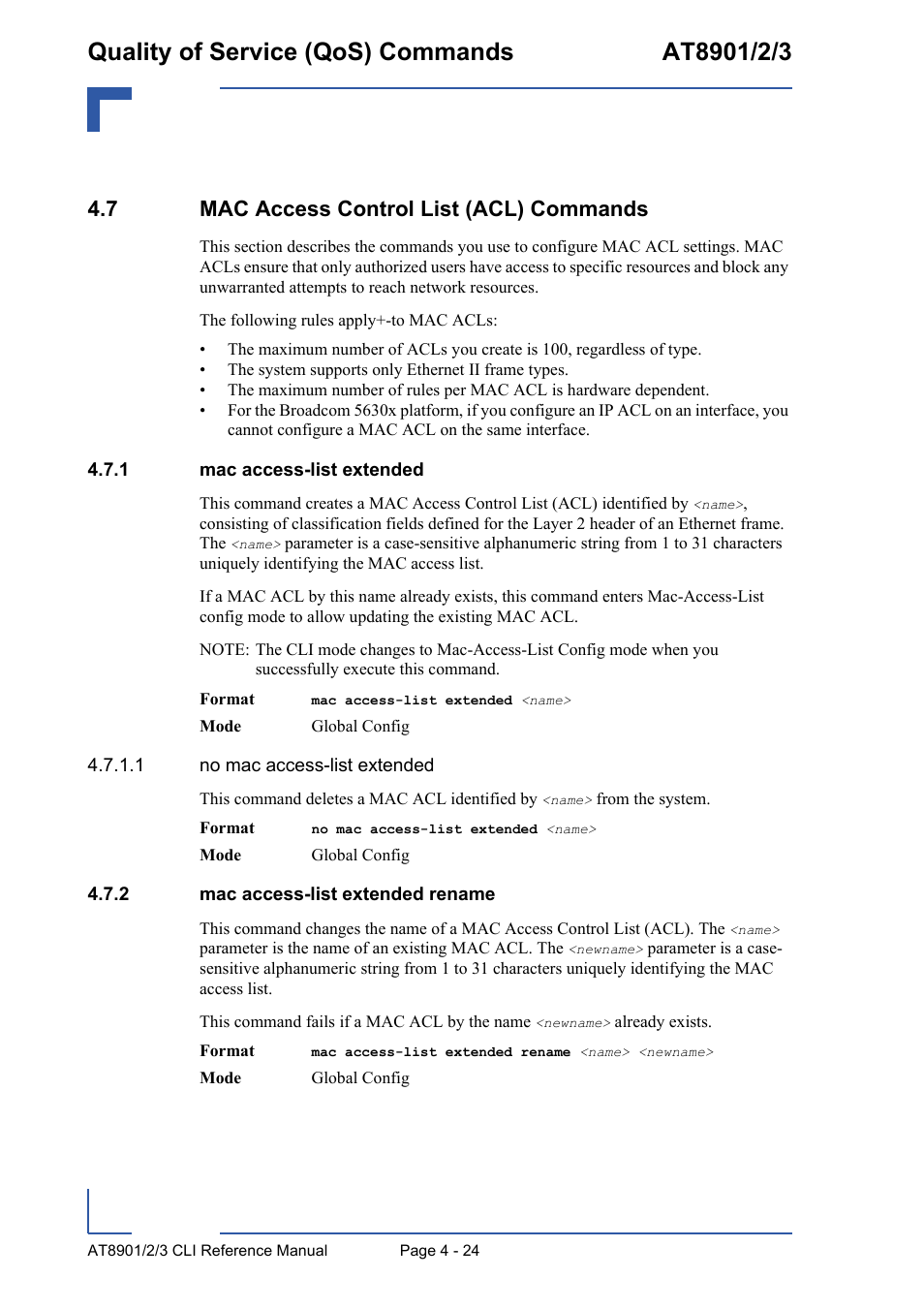 7 mac access control list (acl) commands, 1 mac access-list extended, 2 mac access-list extended rename | 7 mac access control list (acl) commands - 24, Mac access-list extended - 24, Mac access-list extended rename - 24 | Kontron AT890X Full-Size CLI User Manual | Page 190 / 304