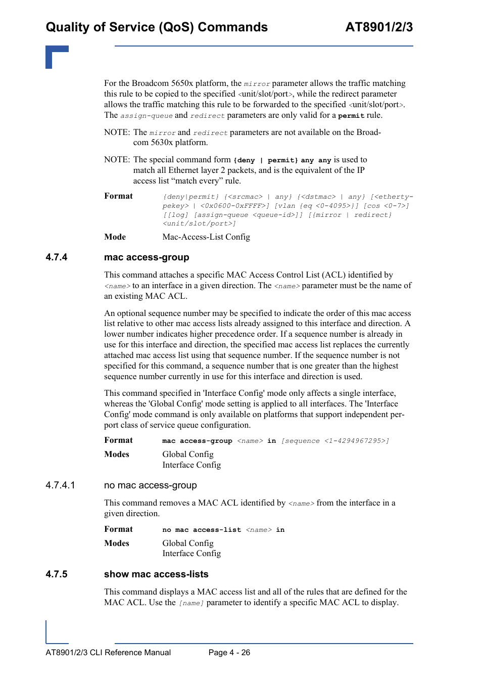 4 mac access-group, 5 show mac access-lists, Mac access-group - 26 | Show mac access-lists - 26 | Kontron AT890X Full-Size CLI User Manual | Page 192 / 304