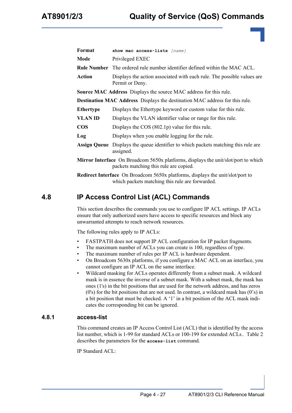 8 ip access control list (acl) commands, 1 access-list, 8 ip access control list (acl) commands - 27 | Access-list - 27 | Kontron AT890X Full-Size CLI User Manual | Page 193 / 304