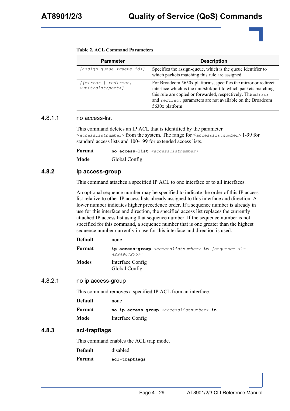 2 ip access-group, 3 acl-trapflags, Ip access-group - 29 | Acl-trapflags - 29 | Kontron AT890X Full-Size CLI User Manual | Page 195 / 304