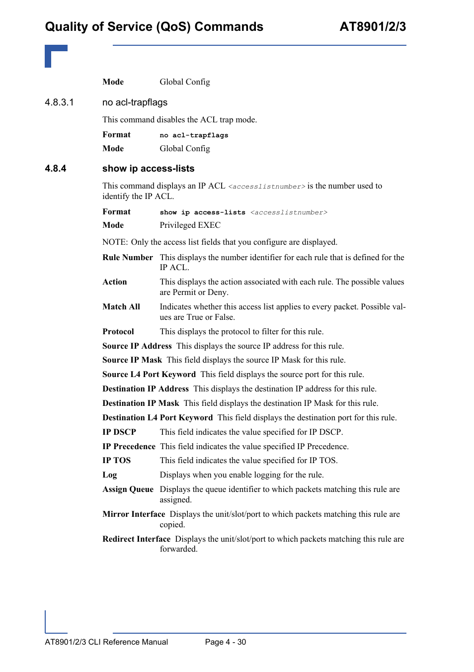 4 show ip access-lists, Show ip access-lists - 30 | Kontron AT890X Full-Size CLI User Manual | Page 196 / 304