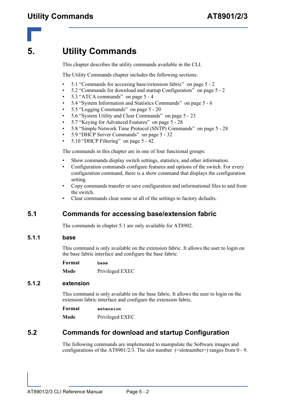 Utility commands, 1 commands for accessing base/extension fabric, 1 base | 2 extension, 2 commands for download and startup configuration, Utility commands - 2, 1 commands for accessing base/extension fabric - 2, Base - 2, Extension - 2 | Kontron AT890X Full-Size CLI User Manual | Page 200 / 304