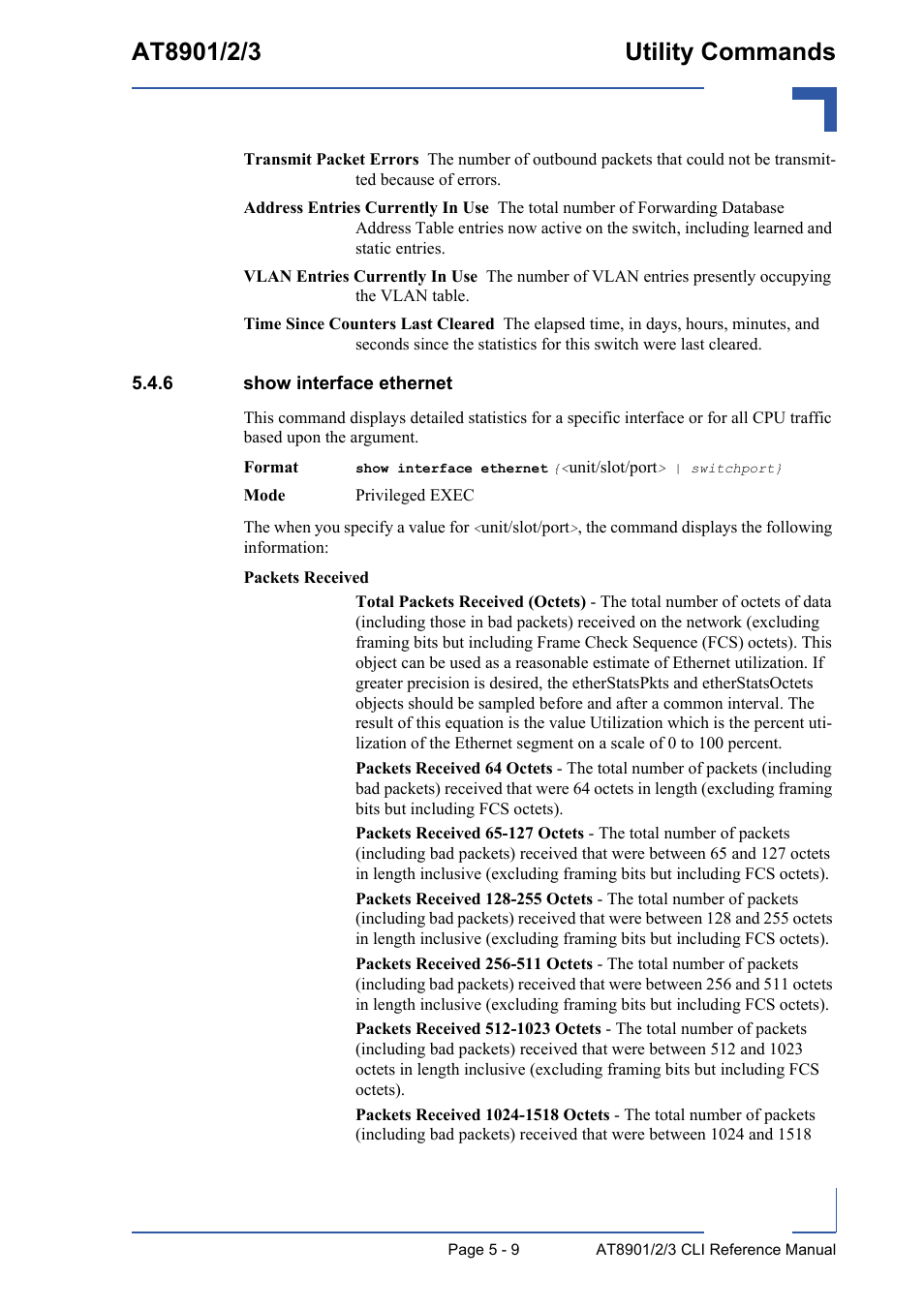 6 show interface ethernet, Show interface ethernet - 9 | Kontron AT890X Full-Size CLI User Manual | Page 207 / 304
