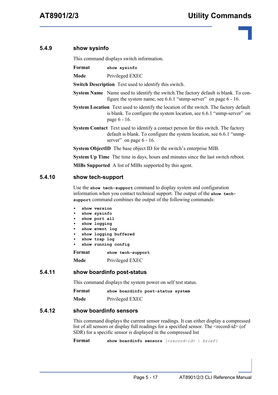 9 show sysinfo, 10 show tech-support, 11 show boardinfo post-status | 12 show boardinfo sensors, Show sysinfo - 17 | Kontron AT890X Full-Size CLI User Manual | Page 215 / 304