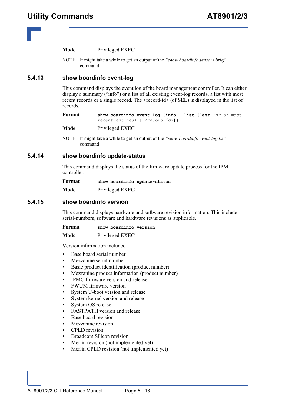 13 show boardinfo event-log, 14 show boardinfo update-status, 15 show boardinfo version | Kontron AT890X Full-Size CLI User Manual | Page 216 / 304